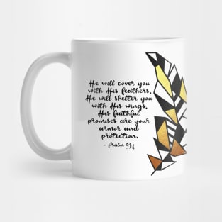 Gold Geometric Feather and Psalm 91:4 Mug